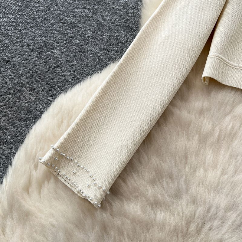 Elegantes Strickkleid- und Cardigan-Set – Perlenverziertes ärmelloses Etuikleid mit langärmligem Überwurf (Schwarz, Beige)_voghion.com