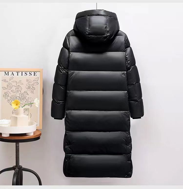 Paar Unisex 2023 Neue glänzende No Wash Schwarz Gold lange lose kniehohe dicke weiße Entendaunenjacke Trendy_voghion.com