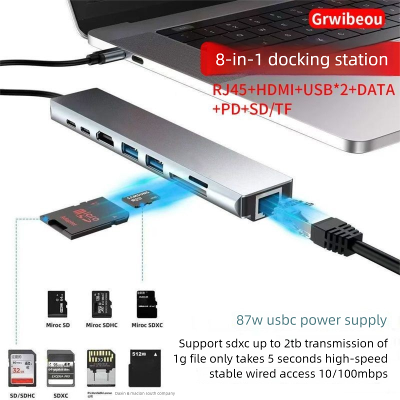 Type-C Docking Station 8-in-1 With Ethernet Port HDMI 4K HD SD/TF Multi-Function Hub For Computer Tablet Phone_voghion.com