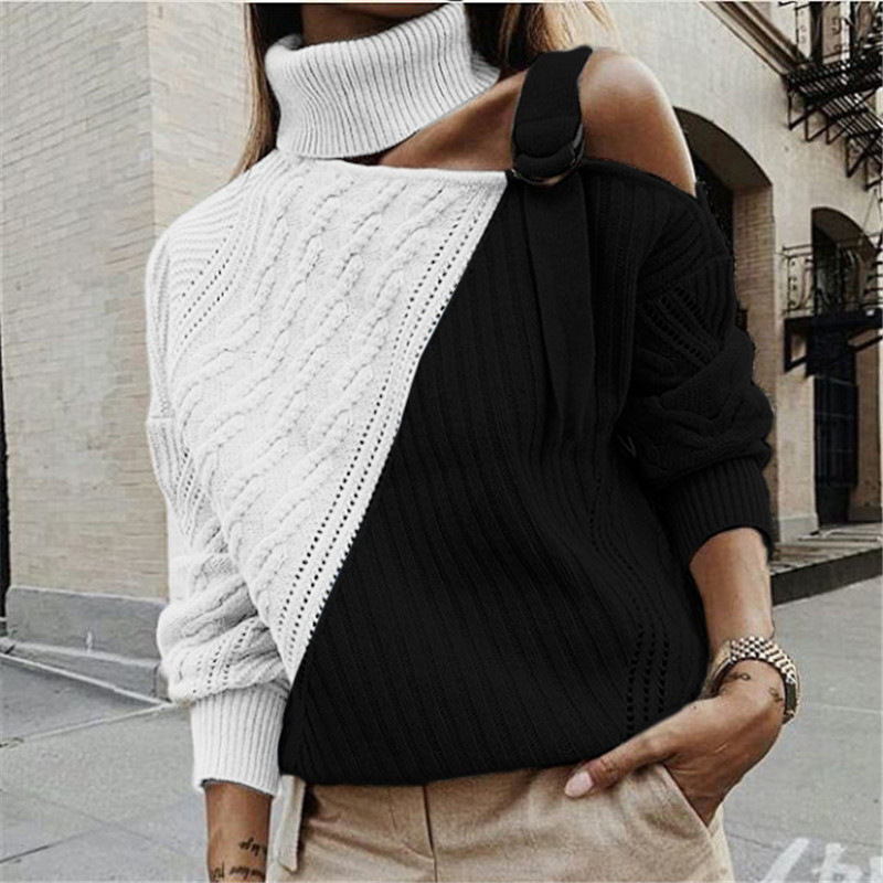 Dames coltrui mode herfst en winter stiksels gebreide trui damesjurk_voghion.com