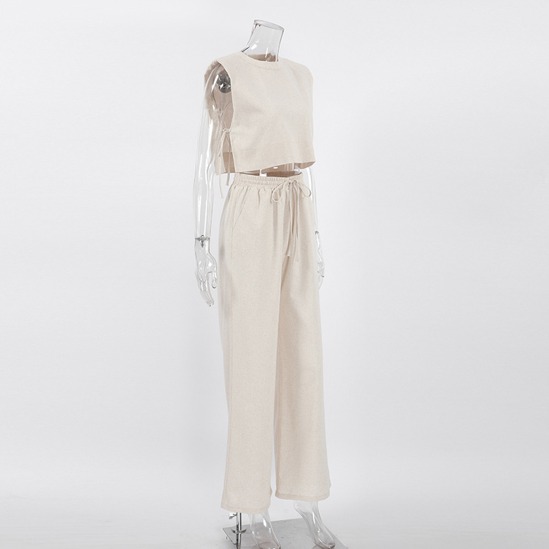 Moda feminina ombro almofada sem mangas blusa e calças de duas peças casual moda algodão linho terno_voghion.com