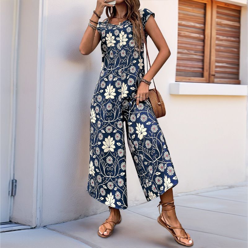 2025 New Summer European And American Casual Cross-Border Retro Floral Print Loose Jumpsuit Long Pants_voghion.com