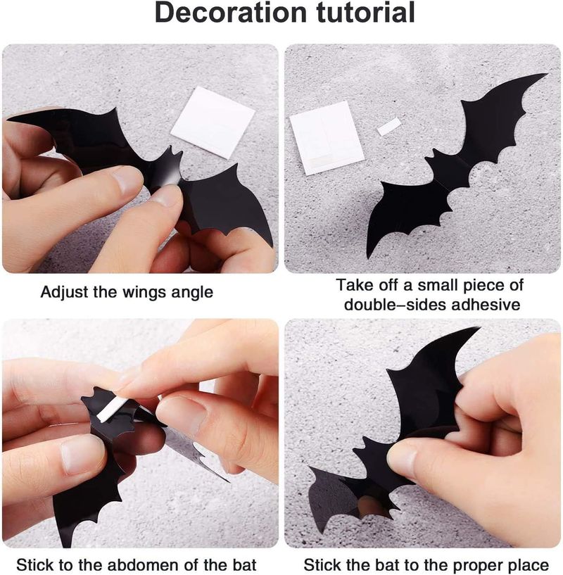 Halloween fladdermus 12 i ett paket 3D svart tredimensionell fladdermus klistermärke Halloween Halloween väggdekal tredimensionell spindel_voghion.com