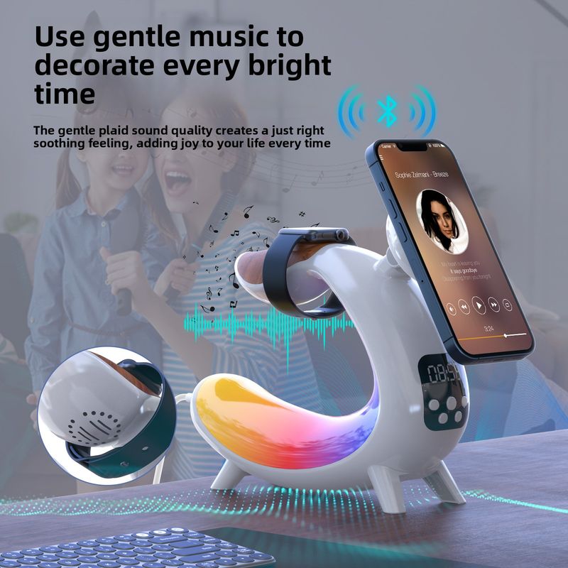 6-in-1-Gerät: Smartphone, Smartwatch, Kopfhörer, kabelloses Laden, Nachtlicht, Bluetooth-Lautsprecher, Wecker, Schreibtischlampe, Ladegerät_voghion.com