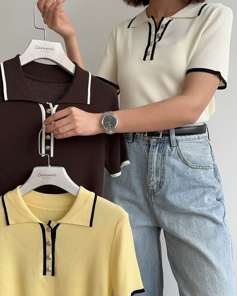 Maglione a maniche corte con risvolto, aderente e a contrasto di colore, da donna, New Thread_voghion.com
