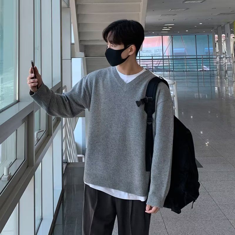 Lazy style casual V-neck long sleeved knitted sweater men's spring and autumn new trend pullover base top_voghion.com
