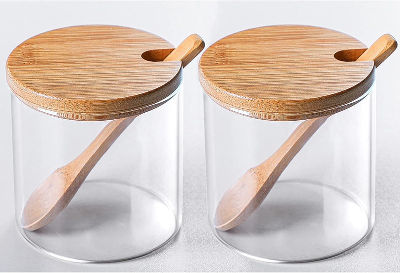 Set di 2 barattoli per spezie in vetro trasparente, contenitore per condimenti decorativo semplice ed elegante con coperchio in bambù e_voghion.com