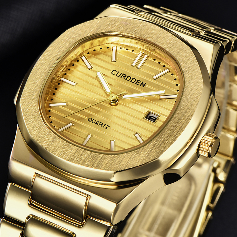 Herrenuhr mit Stahlband, modisch, goldfarben, Datum, Quarzuhr_voghion.com