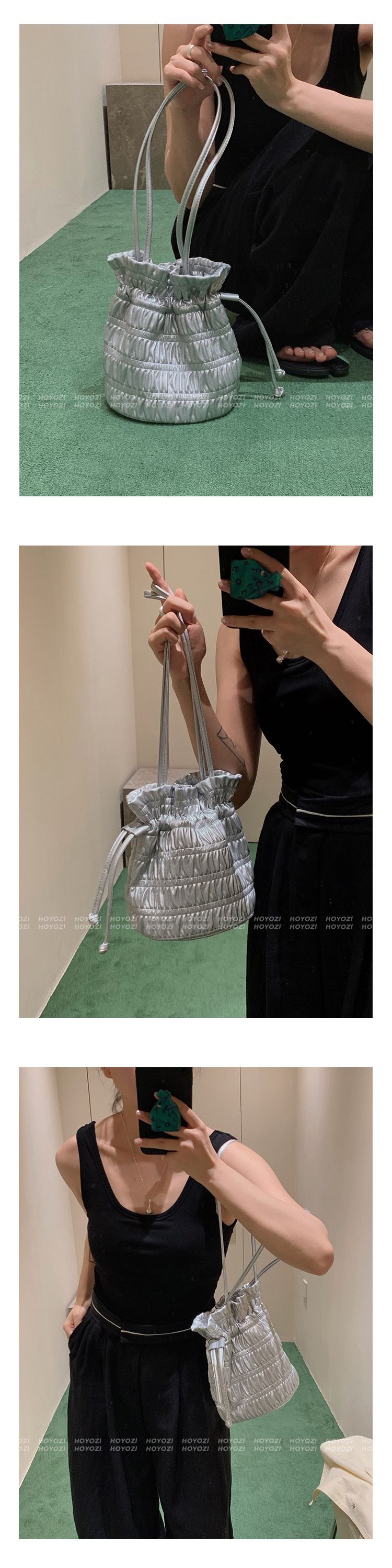 Bag Korean bucket niche design bag, fashionable pleated soft leather drawstring, one shoulder, gentle silver underarm_voghion.com