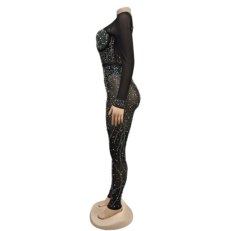 fashion women's solid color mesh hot diamond long-sleeved trousers jumpsuit_voghion.com