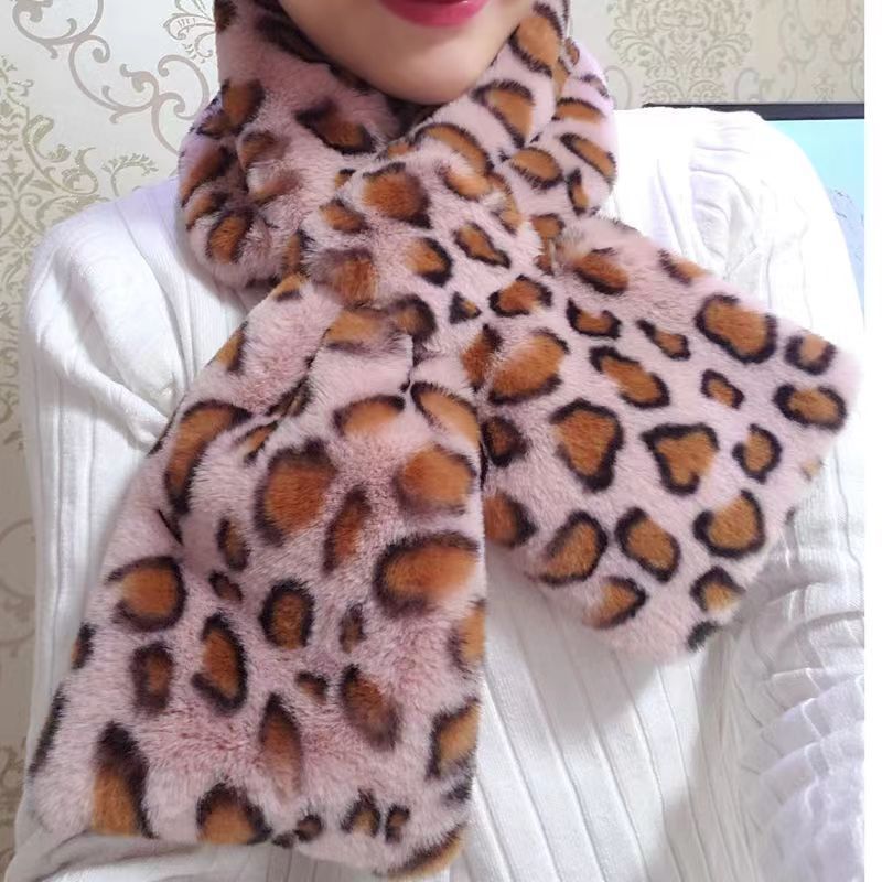 Winter Or Women, Plush Thickened Warm Neck Warmer, Rabbit Fur Cross Scar, Korean Style Fashion Leopard Print_voghion.com