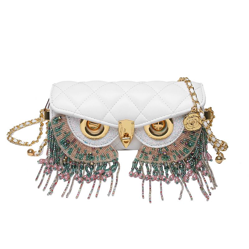 Borsa a tracolla rotonda piccola con tracolla a forma di gufo divertente, nuova moda, con nappa, trapuntata, a forma di cilindro e catena da donna_voghion.com