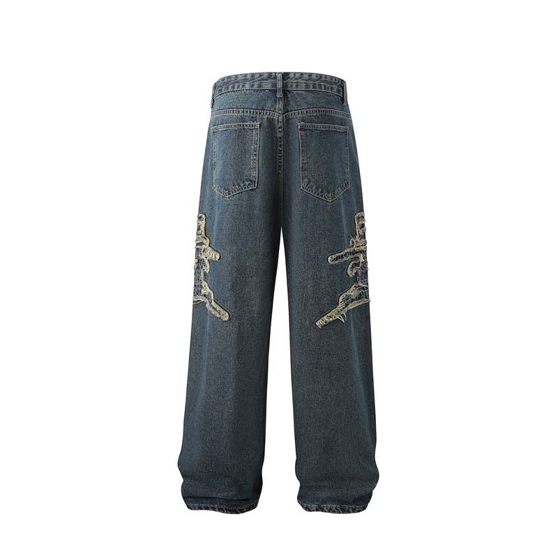 Herrkläder denim applikationer broderi rå kant tvättade distressed jeans herr high street retro byxor med vida ben_voghion.com