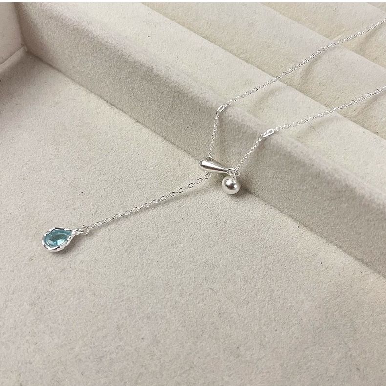Sterling Silver Blue Water Drop Necklace Women's Adjustable Clavicle Chain Ins Silver Necklace_voghion.com