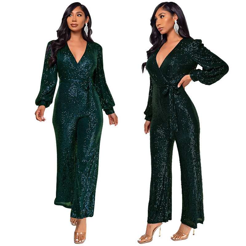 Damkläder Ins Style Deep V Mode Casual Jumpsuit Långärmat Bälte Paljett Jumpsuit Dam_voghion.com