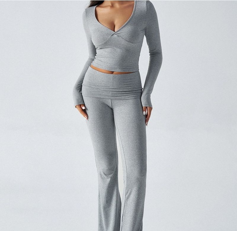 KaiKuo 2025 Autumn Winter Women's Y2K Casual Sports Style Solid Color Top Flared Long Pants 2-Piece Set_voghion.com