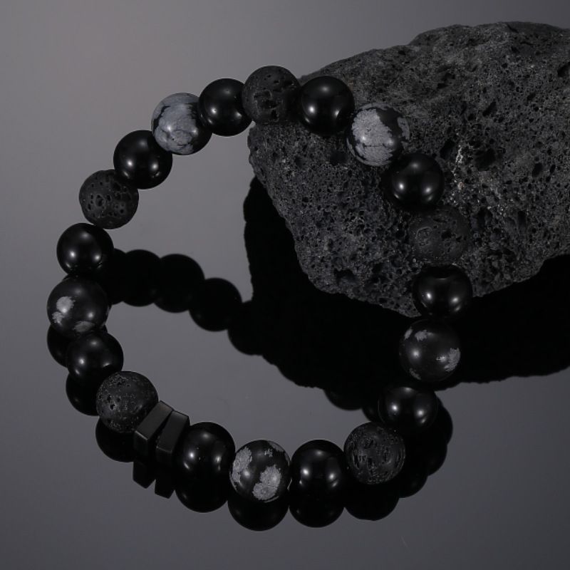Herrenarmband aus schwarzem Onyx und Schneeflockenobsidian – Edelstahl-Paararmband mit geometrischem Design, Unisex-Geschenk für Ihn_voghion.com