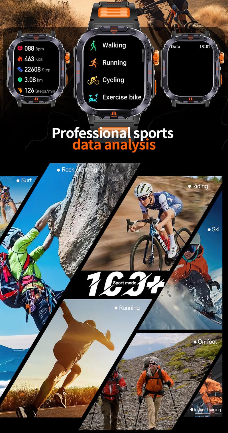 Smartwatch NX20 mit 2-Zoll-Display, lokaler Musikwiedergabe, Taschenlampe, Bluetooth-Anruffunktion und KI-Sprachsteuerung für Herren, Outdoor-Sport-Smartwatch_voghion.com