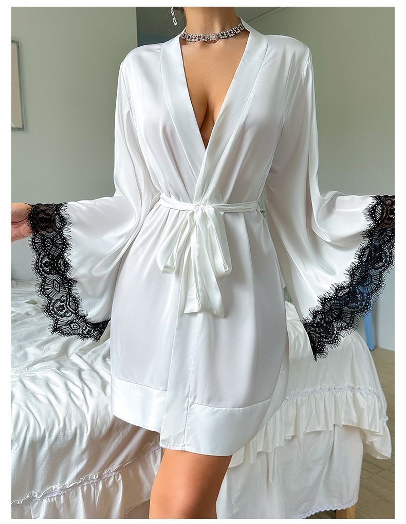 Europäische und amerikanische Cross Border Sexy Nachthemd Medium Bademantel Sexy Pyjamas Damen Langarm Damen Satin Home Kleidung Großhandel 735_voghion.com