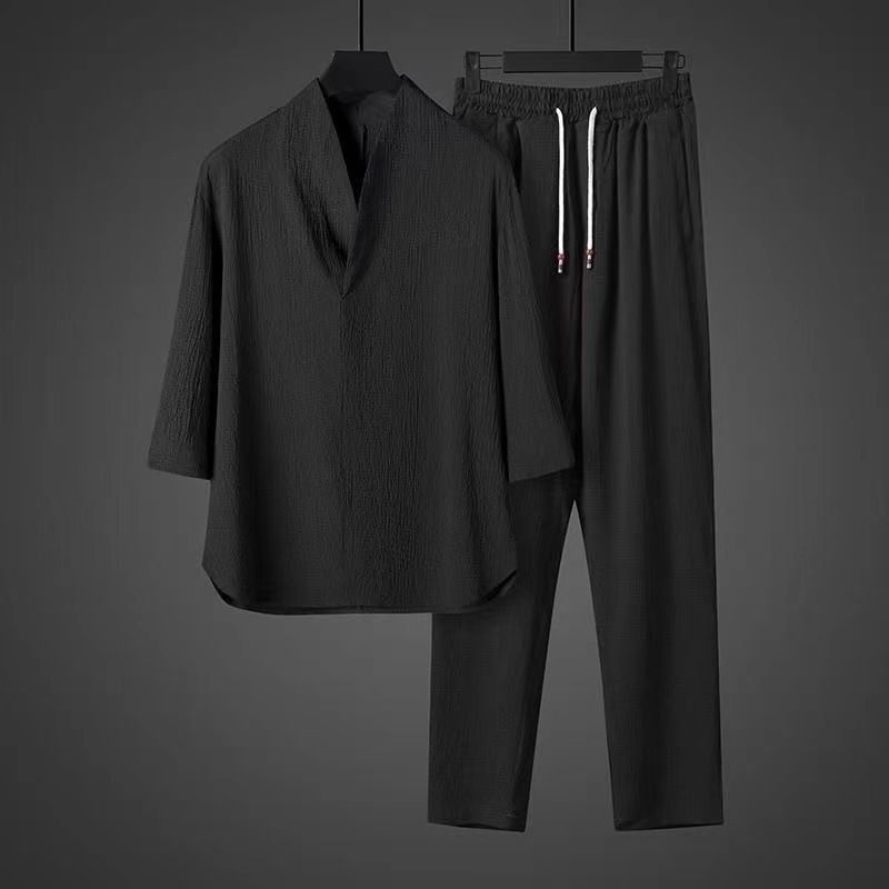 CT Sommer Plus Size Ice Silk Herren Dünnes T-Shirt im chinesischen Stil mit V-Ausschnitt und fünf Ärmeln sowie langen Hosen, lässiges Sport-Zweiteiler-Set_voghion.com