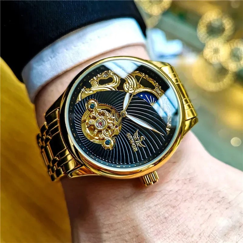 AOKULASIC Orologio da uomo in oro con scheletro, retro, fasi lunari, tourbillon, orologi meccanici automatici di lusso, cinturino in acciaio inossidabile luminoso_voghion.com