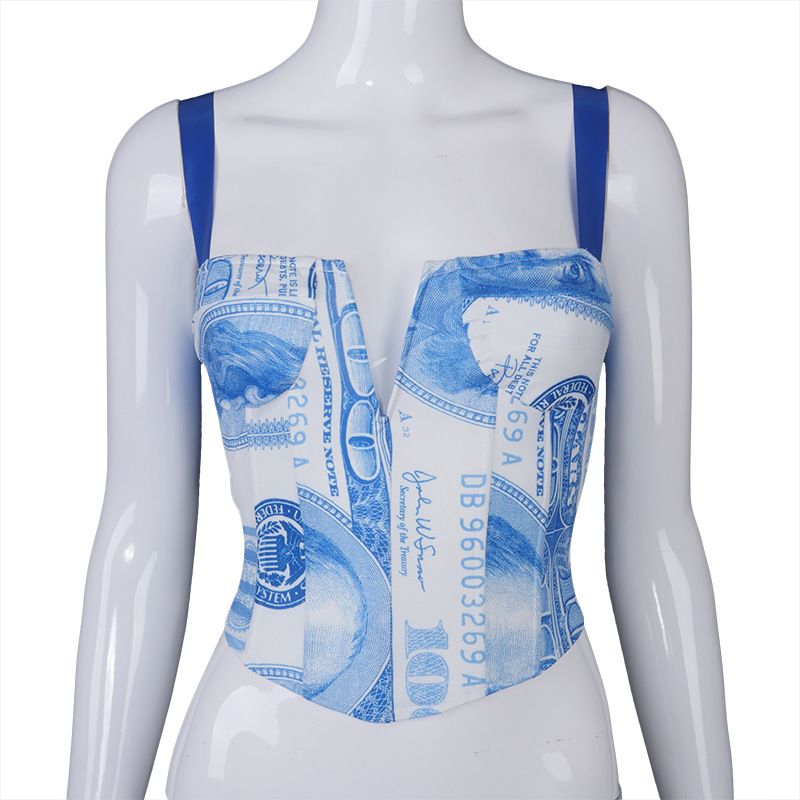 Instagram autumn new US dollar print camisole deep V backless tight wrap chest sleeveless top for women_voghion.com