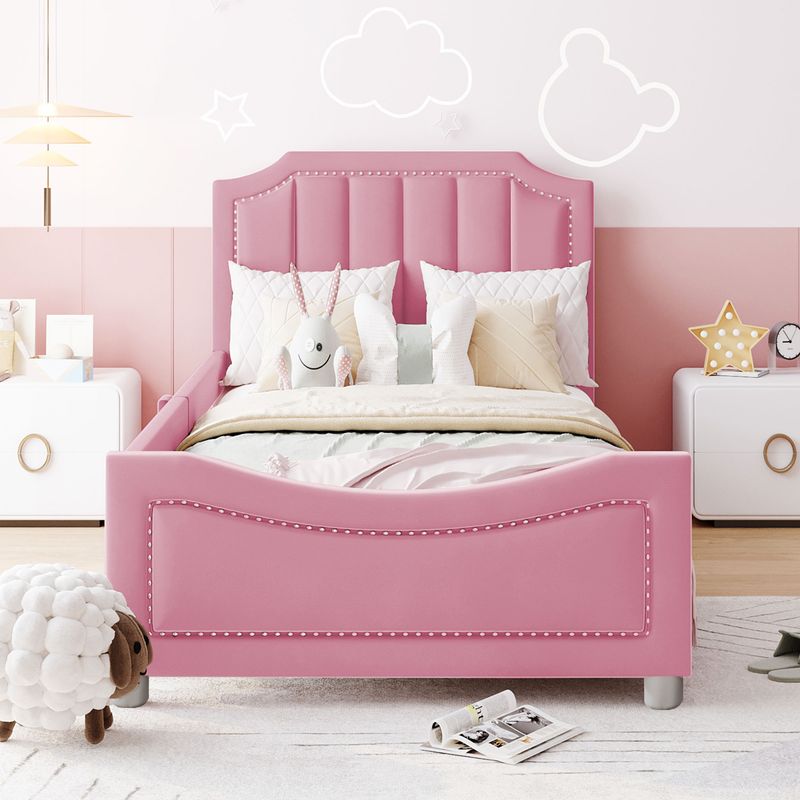 Polsterbett 90x200cm, Schlafsofa, Flanell, Mit Armlehnen, Rosa_voghion.com