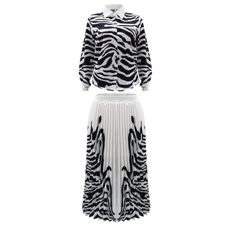 Damenbekleidung Zebra-Print Langarmshirt Lässiger Faltenrock Zweiteiliges Set_voghion.com