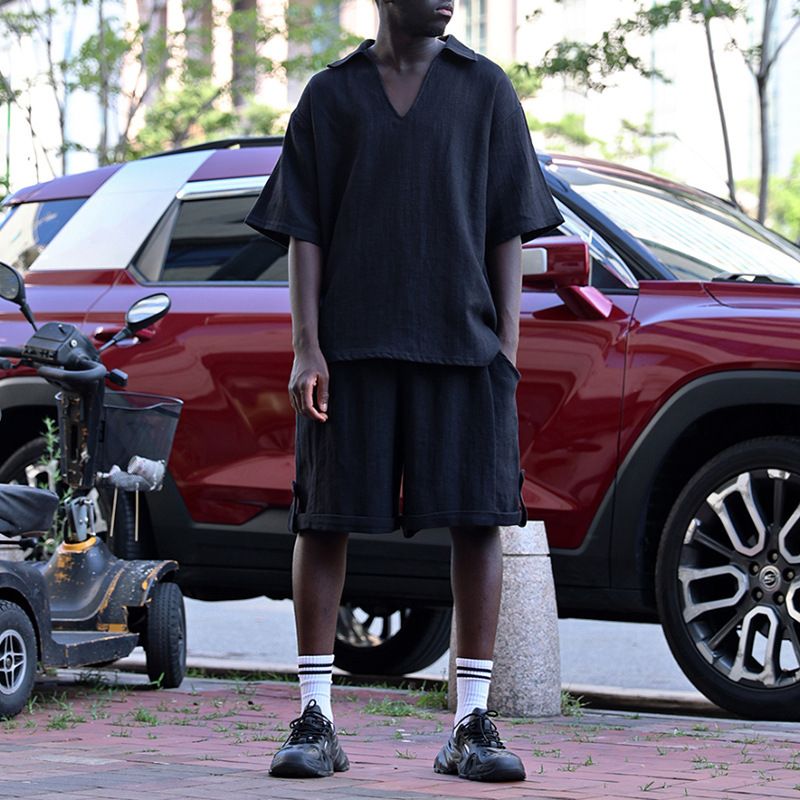 Herrenbekleidung Frühling und Sommer Poloshirt V-Ausschnitt Einfarbig Lässiger Zweiteiliger Anzug_voghion.com