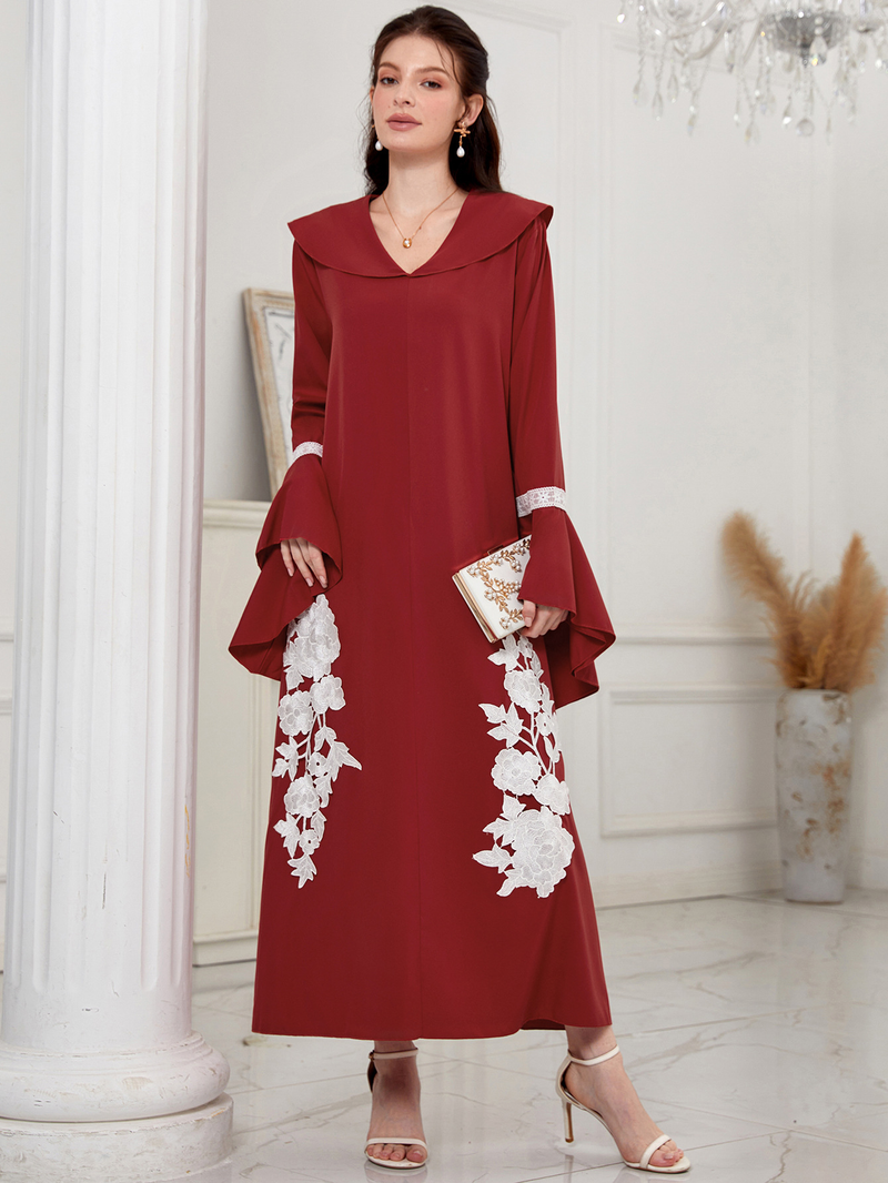 Abito da donna ricamato con scollo a V e maniche svasate_voghion.com