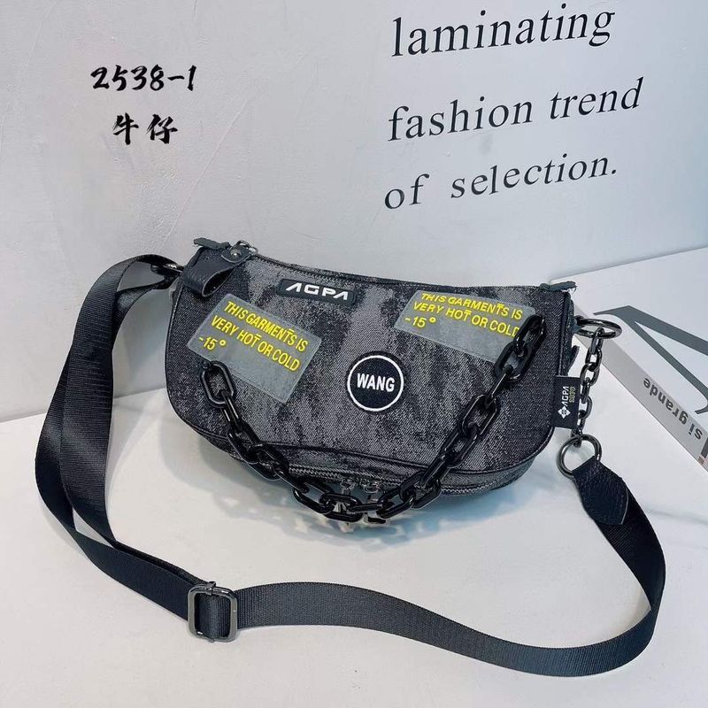 Modische Umhängetasche aus Denim mit Farbblock-Muster, dicke Kette, Schultertasche aus Netzstoff, vielseitige kleine Tasche für Damen_voghion.com