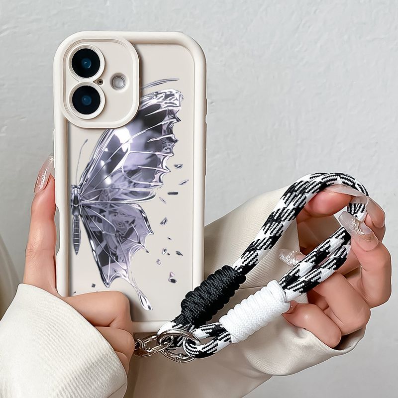 Étui de téléphone avec lanière pour iPhone 16 Pro Max Plus Motif papillon en cristal Souple TPU Chaîne de poignet Sangle de suspension Housse antichoc_voghion.com