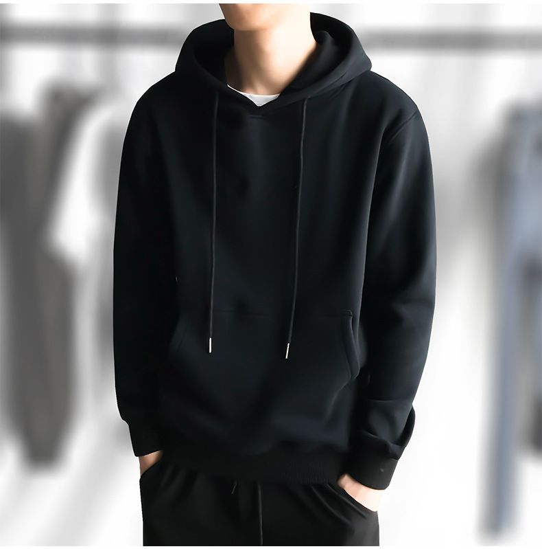 Felpa con cappuccio tinta unita per uomo, pullover caldo autunnale spesso, top con scollo rotondo, calore invernale foderato in pile in stile coreano_voghion.com