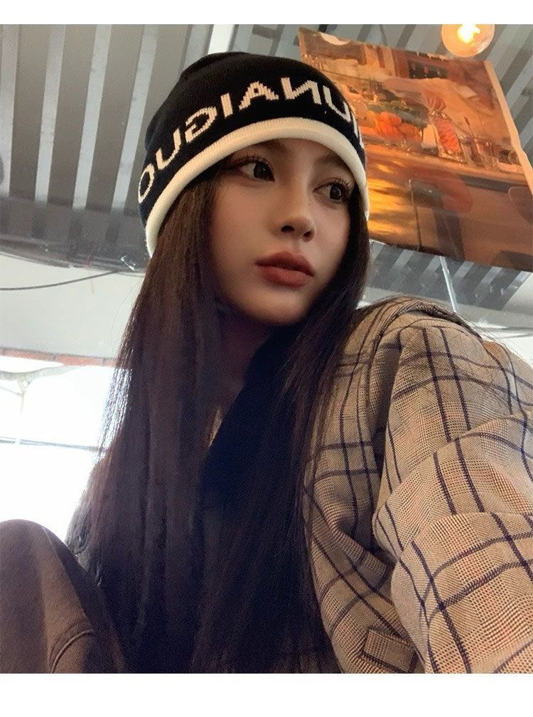 Korean Style Letter Black Knitted Cold For Women, Autumn And Winter Versatile Slouchy Beanie, Large Head Circumference,_voghion.com
