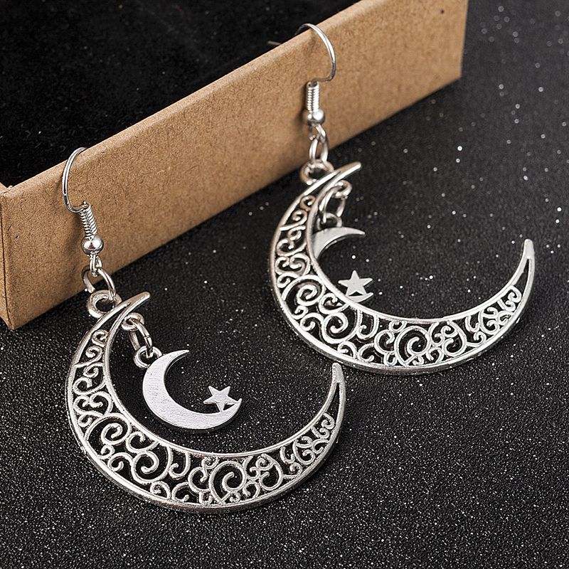 Pendientes de estrella de aleación de luna hueca Pendientes de gancho en forma de media luna_voghion.com