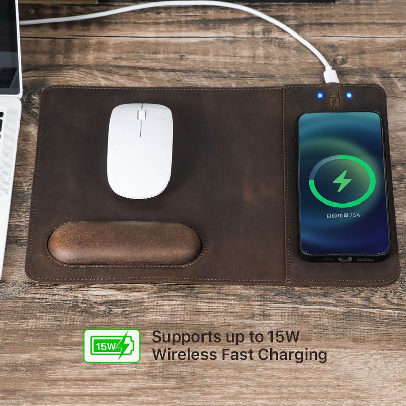 15W Wireless Fast Chargers Pad With Genuine Leather Charging Mouse Mat For PC Computers Laptops Office Accessories_voghion.com