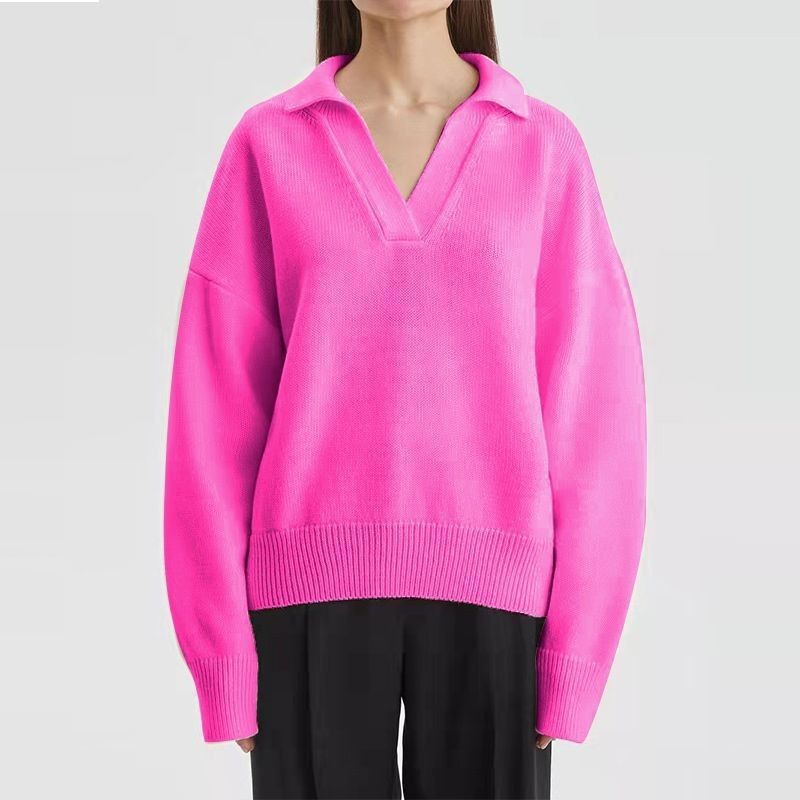 2022 Spring And Autumn New Women's Knitted Polo Collar Pullover Green Sweater_voghion.com