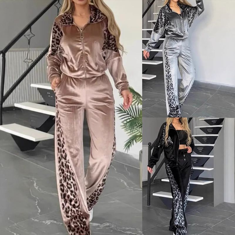 Fashion Leopard Print Splicing 2 Piece Set Casual Sports Suit Spring New Lapel Zipper Top Elastic Waist Strap Wide Leg Pants Set_voghion.com