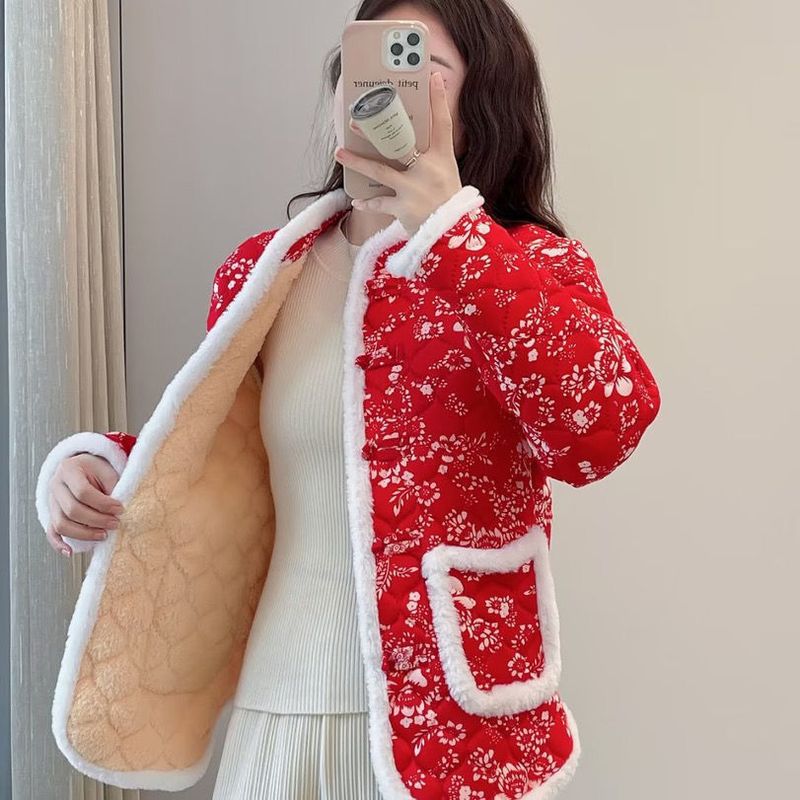 Giacca rossa da donna in stile giovanile, stile Northeast, taglie forti, stile floreale, stile celebrità, in cotone, per autunno e inverno_voghion.com