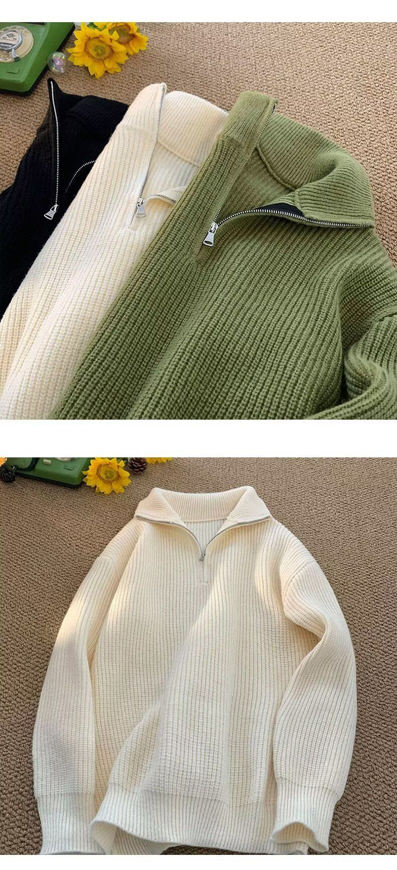 Maglione a collo alto con mezza zip, tinta unita, versatile, casual, casual, stile maschile_voghion.com