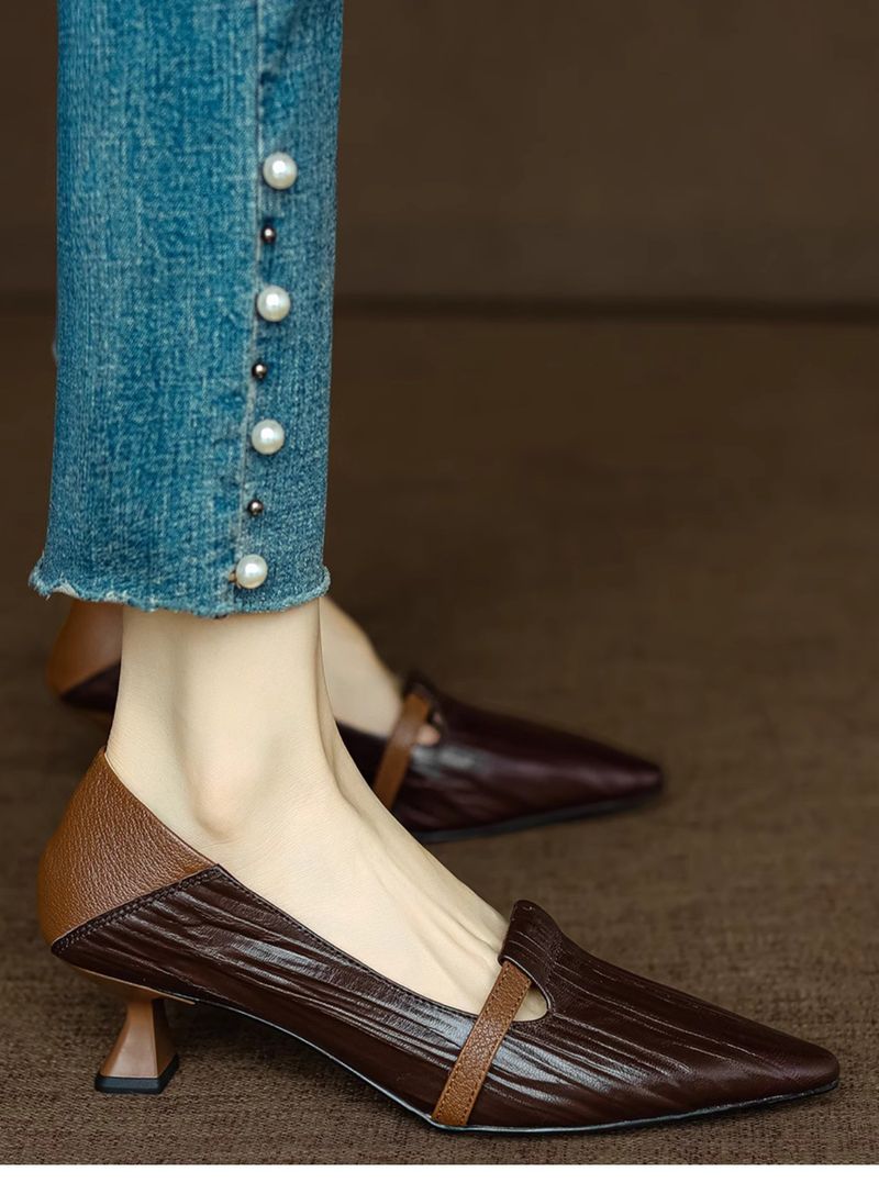 Paris Encounter ~ Eleganti scarpe slip-on a punta con tacco a gatto basso e blocchi di colore per donna_voghion.com