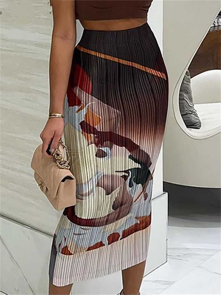 Roupas femininas outono e inverno nova casual impressa plissada cintura elástica fina saia longa_voghion.com