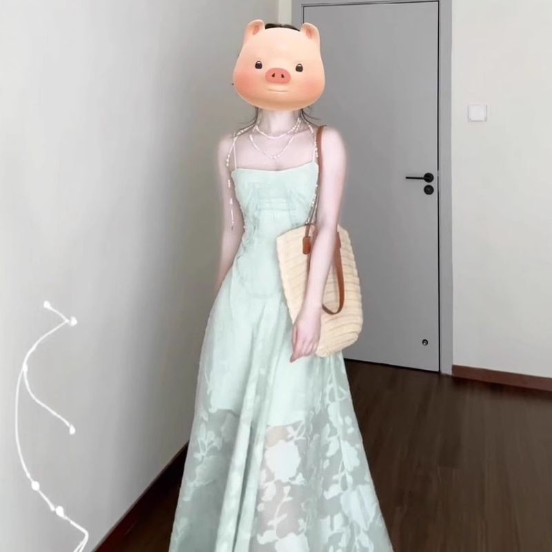Strandurlaubsstil Grüner Spaghettiträger Für Frauen Sommer Elegantes Mesh Patchwork Taille Abnehmen A-Linie Langes Kleid_voghion.com