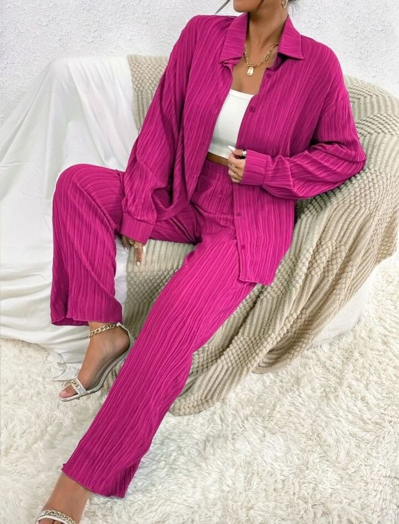 Ensemble deux pièces décontracté pour femmes européennes et américaines, couleur unie, drapé, ample, lisse, plissé, printemps et automne_voghion.com