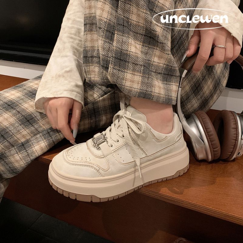Leather Casual Skateboard White With Thick Sole Increased Height, Soft Cowhide Breathable Bread And Sponge Cake, German_voghion.com
