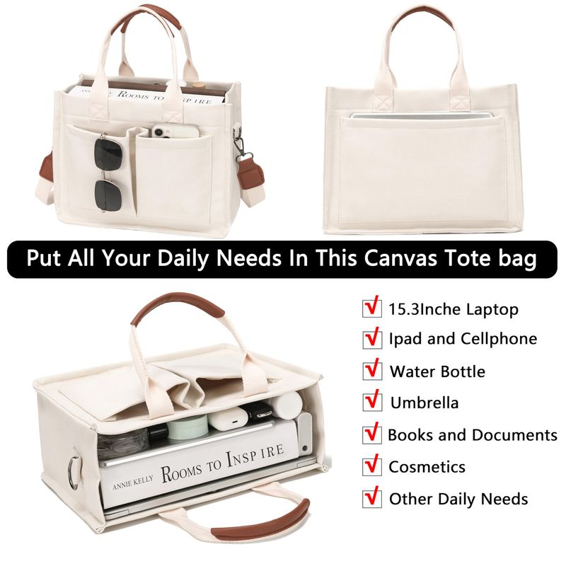 Grote canvas tas voor dames met zakken - laptoptas, portemonnee, handtas voor elke dag - perfect voor werk, strand en sportschool_voghion.com