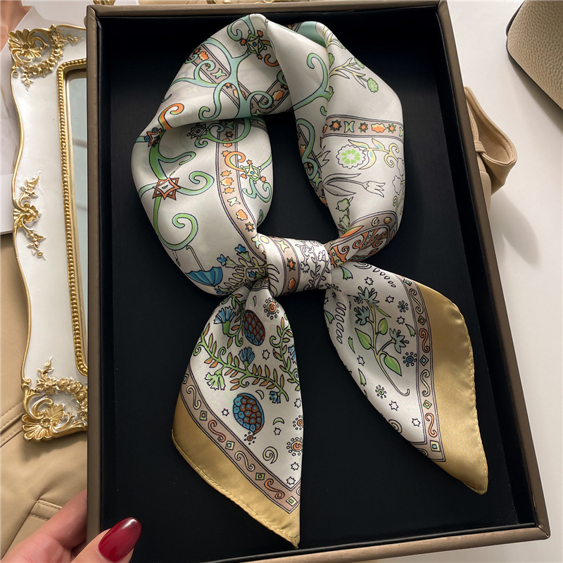 Sciarpa con geometria della ruota Sciarpa di seta con fiori colorati Sciarpa quadrata da donna in seta imitazione Sciarpa da viaggio con scialle a fascia 70x70 cm_voghion.com