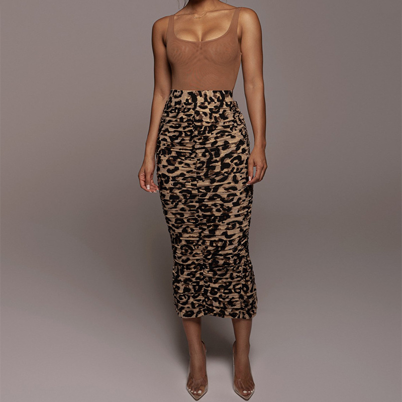 Gonna da donna con stampa leopardata, gonna di media lunghezza con fessura a pieghe attillata e sexy_voghion.com