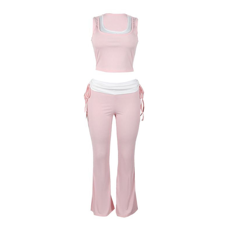 Women's Clothing Casual Elastic Stitching Contrast Color Ribbed Sleeveless Vest Trousers Two Pieces_voghion.com