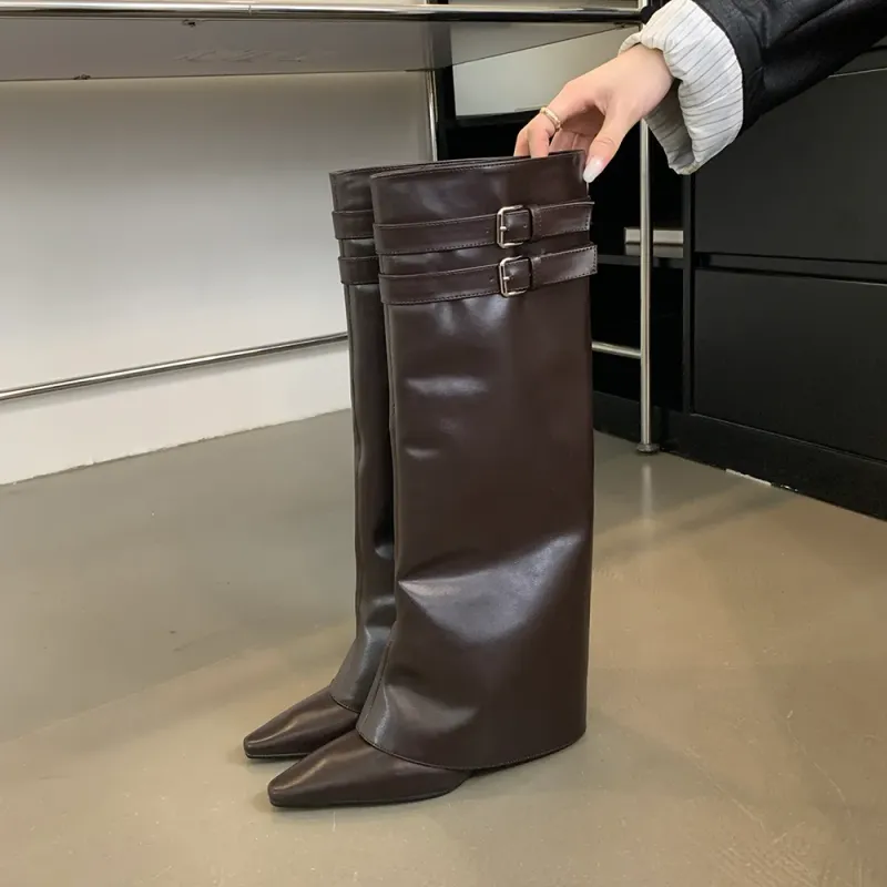Spitzschuh Damen Winterstiefel Keil High Heels Gürtelschnalle Schwarz Braun PU Leder Botas Fashion Abendschuhe Frau 39_voghion.com